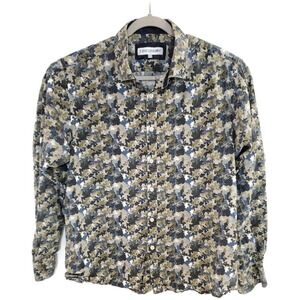 John Lennon Shirt Mens XL Green Blue Camo Print Long Sleeve Button‎ Down Casual